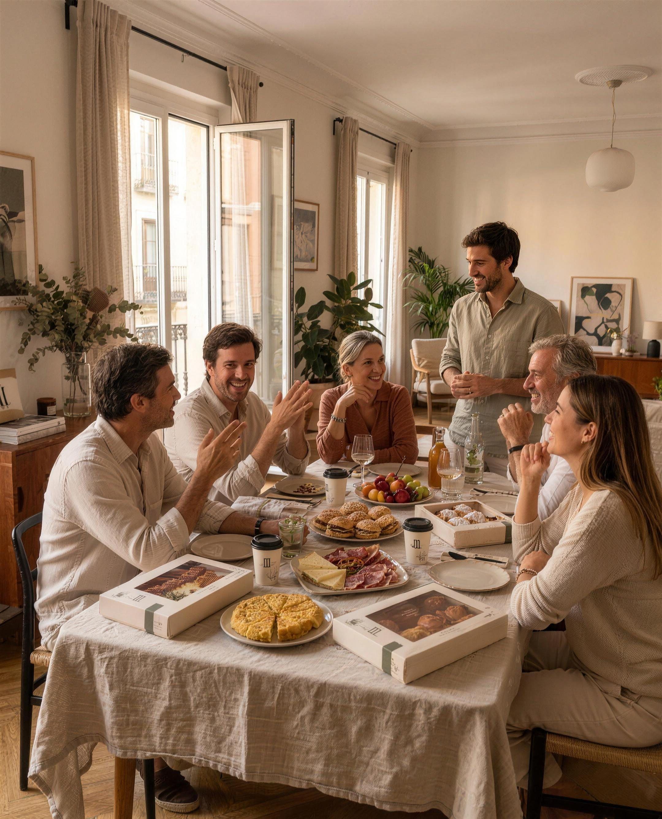 Celebración en casa con amigos alrededor de una mesa con bandejas y cajas de María Lluch Catering
