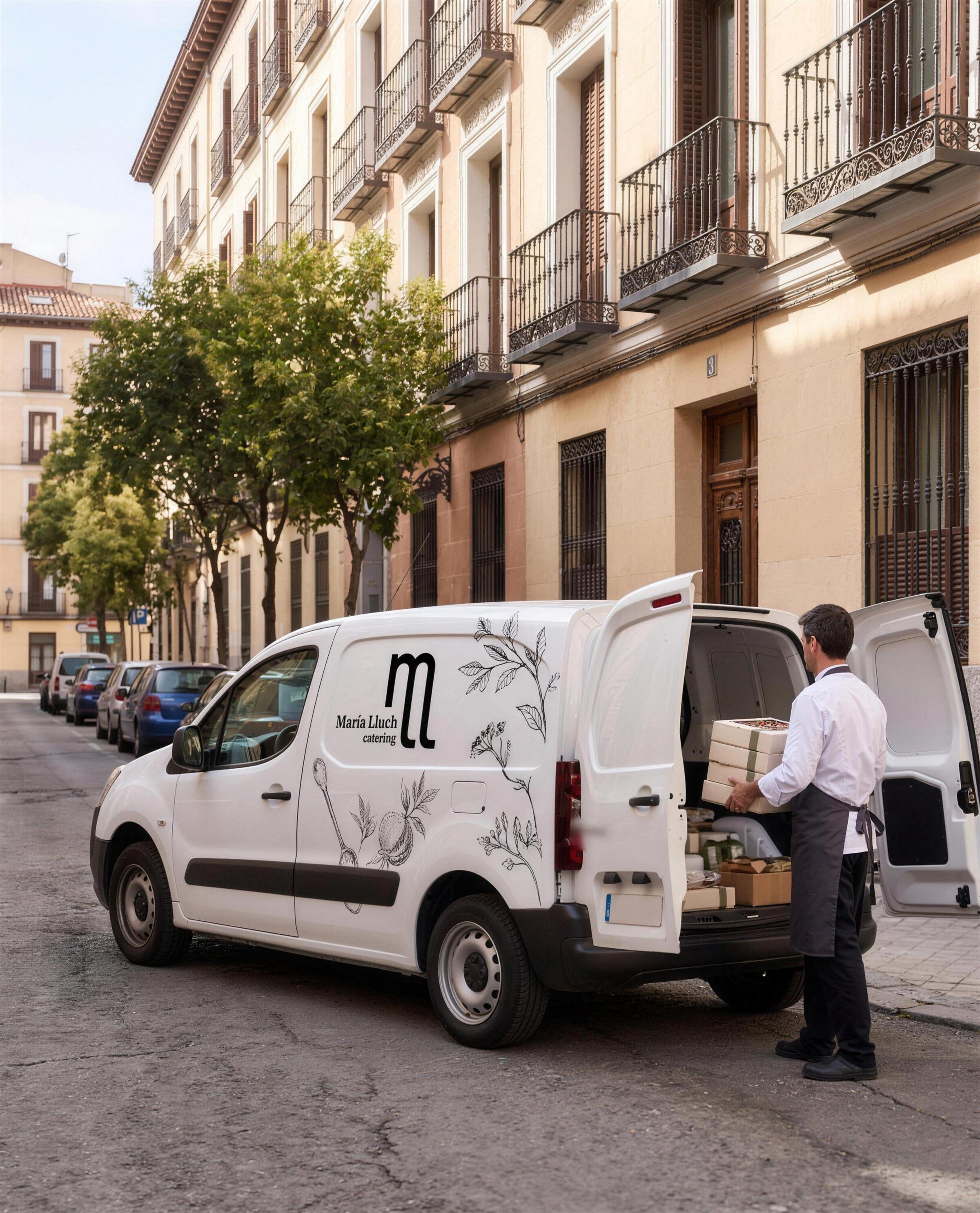 Furgoneta de reparto de María Lluch Catering con su logotipo, cargando cajas de catering en una calle de Madrid
