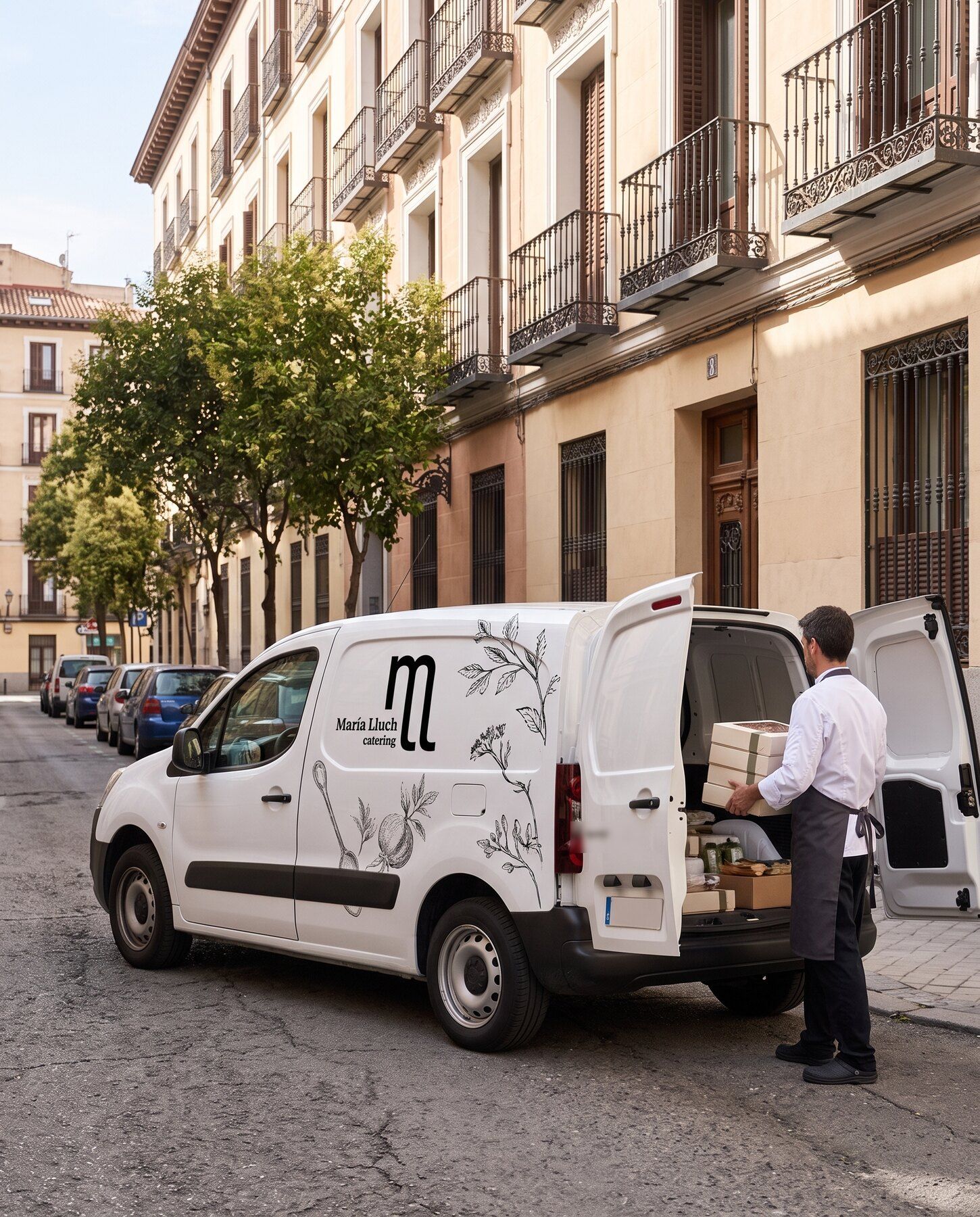 María Lluch Catering delivery van with its logo, loading catering boxes on a street in Madrid