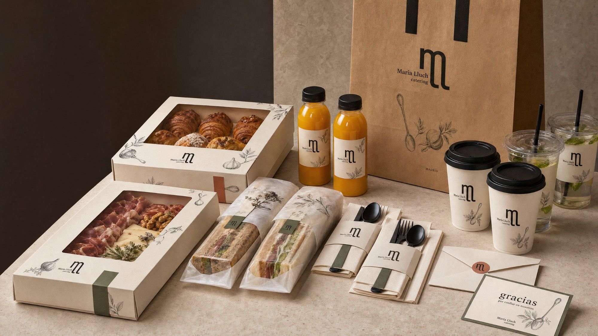 María Lluch Catering packaging: boxes of pastries and Iberian cured meats, sandwiches, juices, coffees, a kraft bag and a thank-you card