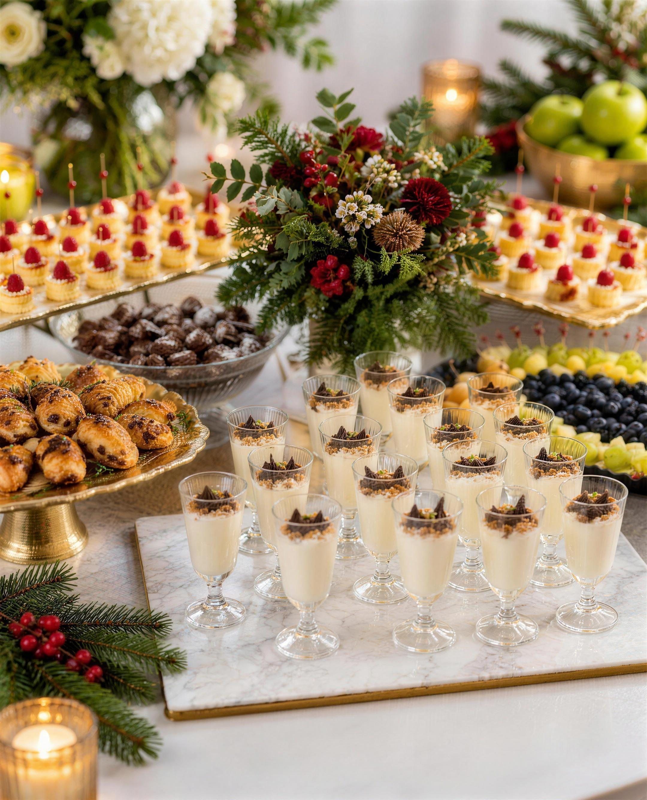 Mesa de Navidad de empresa con vasitos de mousse, petit fours, bollería y centro de ramas de pino y bayas rojas, catering de María Lluch en Madrid