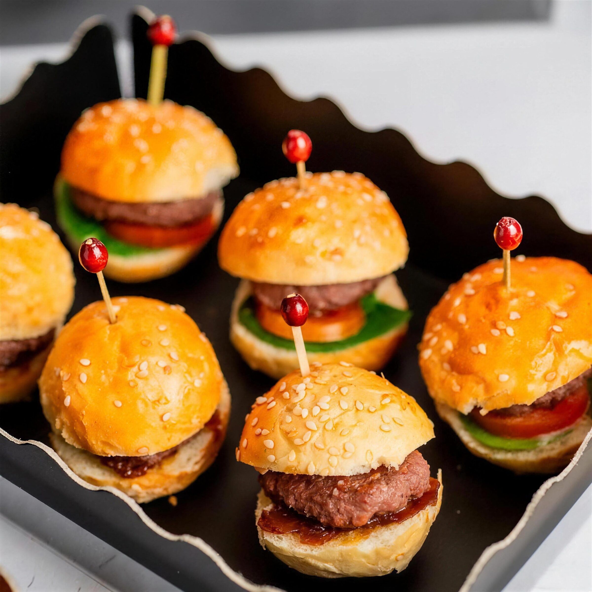 Mini hamburguesas con pan de sésamo para cóctel, catering de María Lluch en Madrid